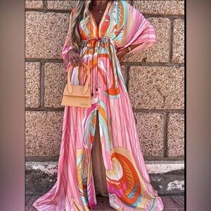 Nova Shop Pink Multi Psychadelic V-Neck Button-Down Maxi Dress Cover-up Sz XXL